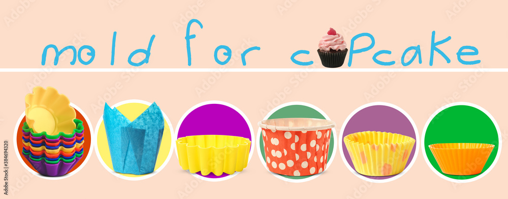 Different molds for cupcakes on color background