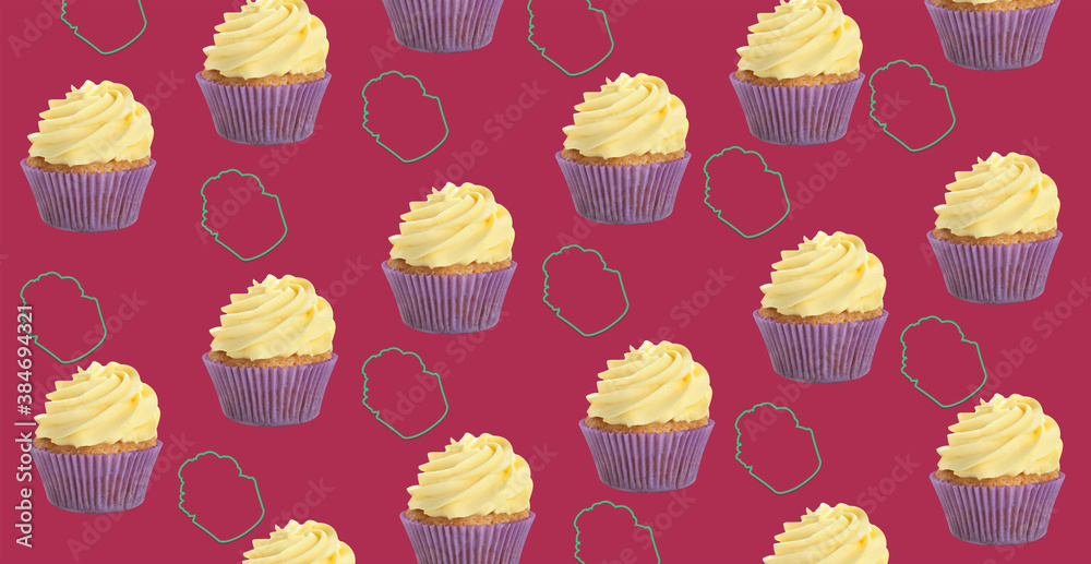 Many lemon cupcakes on color background