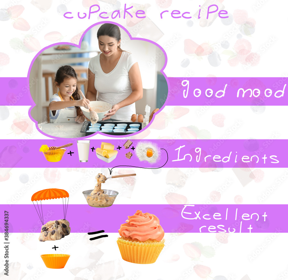 Collage with mother and daughter cooking tasty cupcakes together and step-by-step recipe