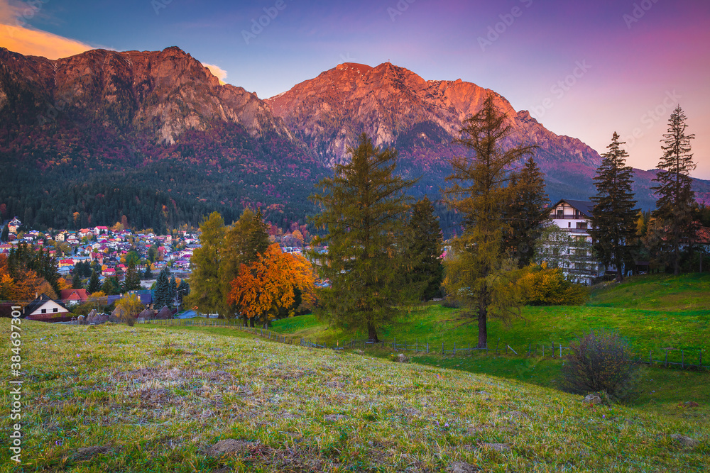 Beautiful dawn scenery with Bucegi mountains, Busteni, Transylvania, Romania