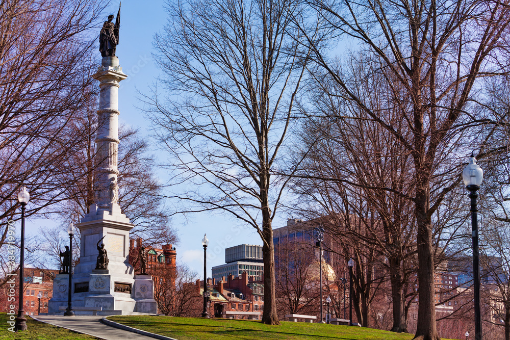 Soldiers and Sailors Monument over Boston Common park with Sacred Cod, Massachusetts, USA