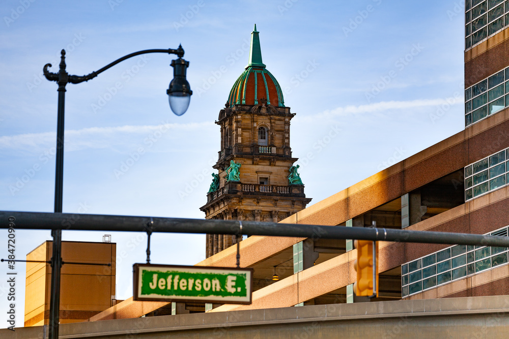 Jefferson avenue sign on the street of Detroit, Michigan USA