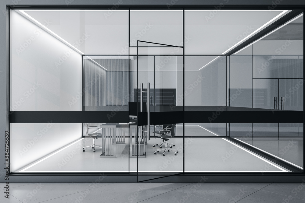 Modern coworking office hall with glass wall and  furniture.