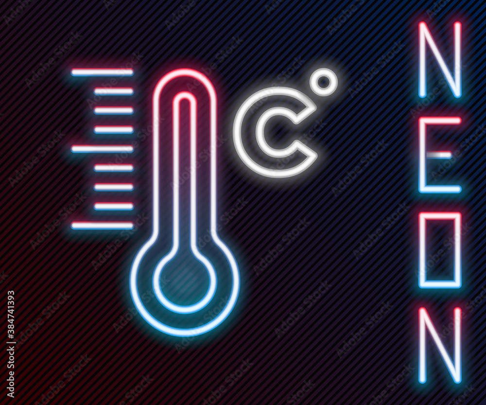 Glowing neon line Meteorology thermometer measuring icon isolated on black background. Thermometer e