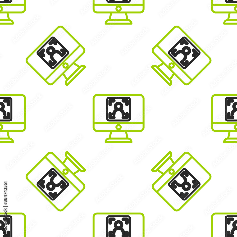 Line Monitor with face recognition icon isolated seamless pattern on white background. Face identifi