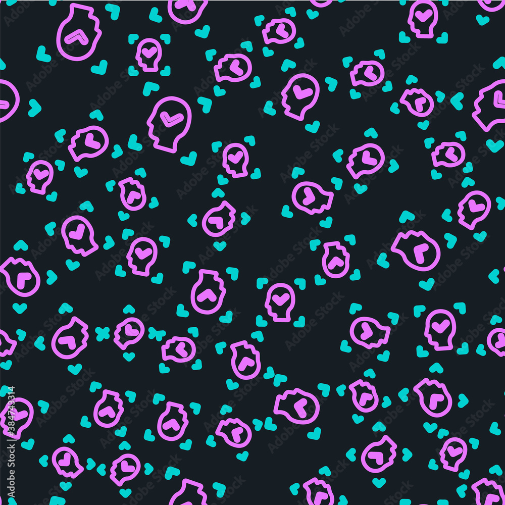 Line Face recognition with check mark icon isolated seamless pattern on black background. Face ident