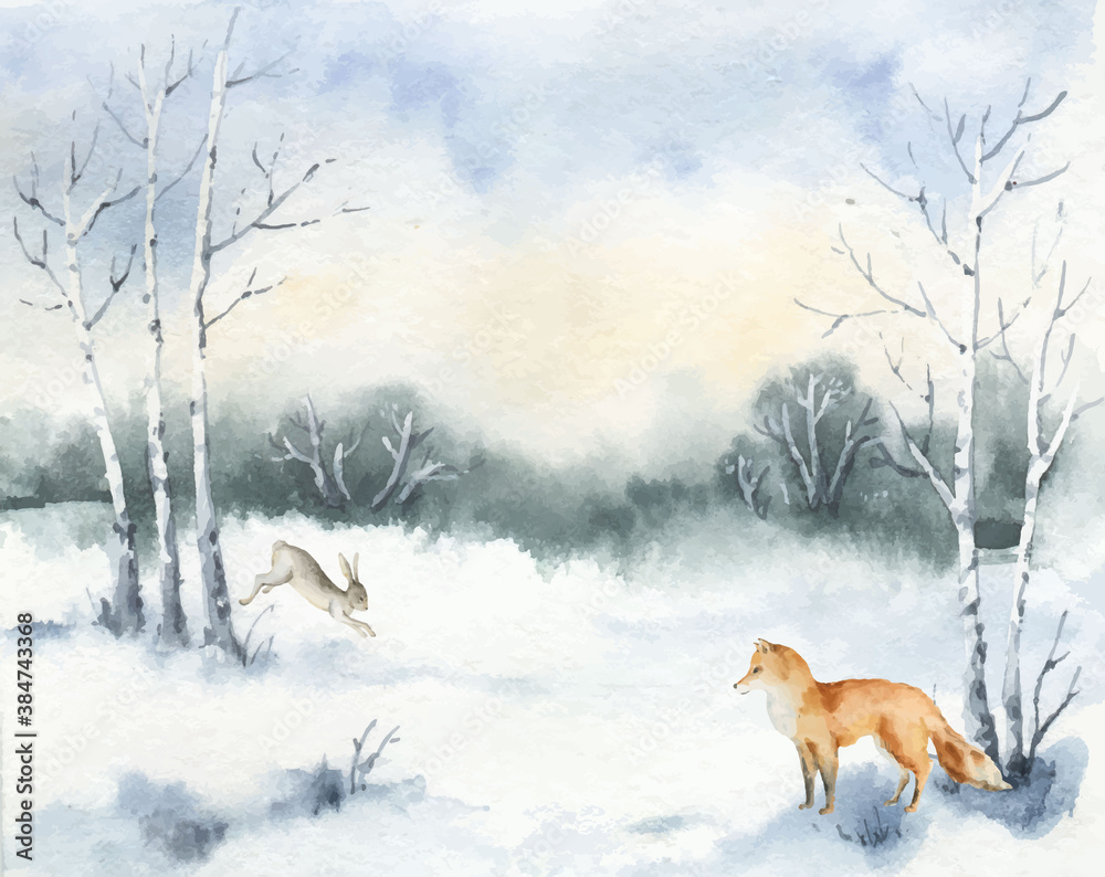 Watercolor vector Christmas card with Fox, hare and winter landscape.