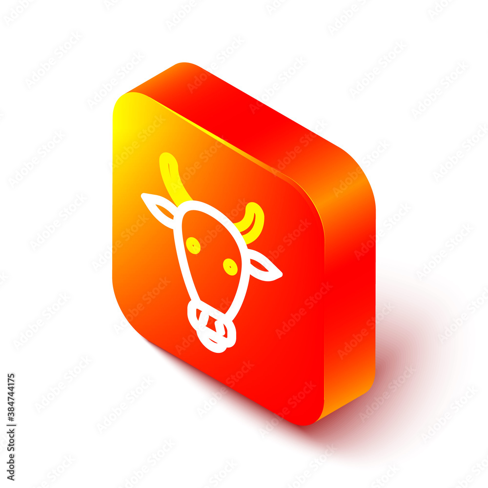 Isometric line Cow head icon isolated on white background. Orange square button. Vector.