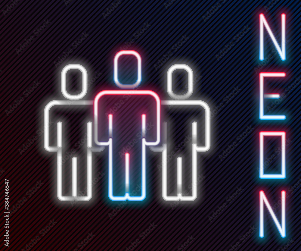 Glowing neon line Users group icon isolated on black background. Group of people icon. Business avat