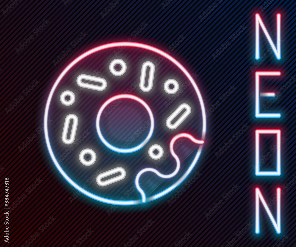 Glowing neon line Donut with sweet glaze icon isolated on black background. Colorful outline concept