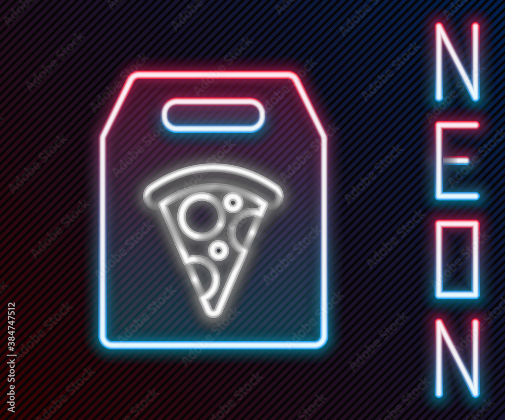 Glowing neon line Online ordering and fast pizza delivery icon isolated on black background. Colorfu