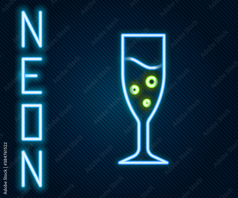 Glowing neon line Glass of champagne icon isolated on black background. Colorful outline concept. Ve