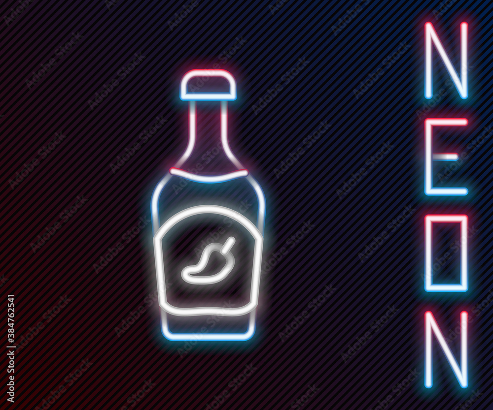 Glowing neon line Ketchup bottle icon isolated on black background. Hot chili pepper pod sign. Barbe