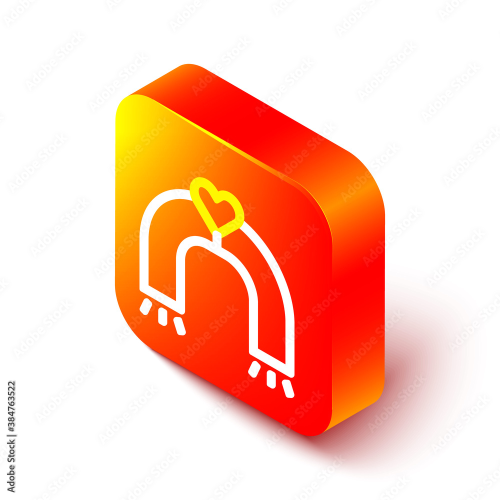 Isometric line Love magnet icon isolated on white background. Orange square button. Vector.