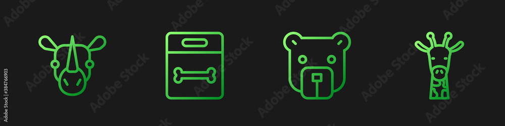 Set line Bear head, Rhinoceros, Dog bone and Giraffe. Gradient color icons. Vector.