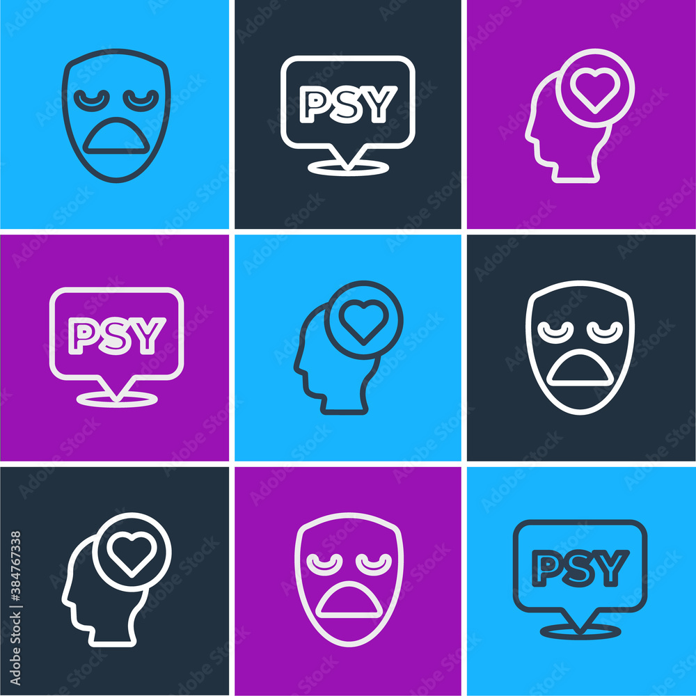 Set line Drama theatrical mask, Broken heart or divorce and Psychology, Psi icon. Vector.