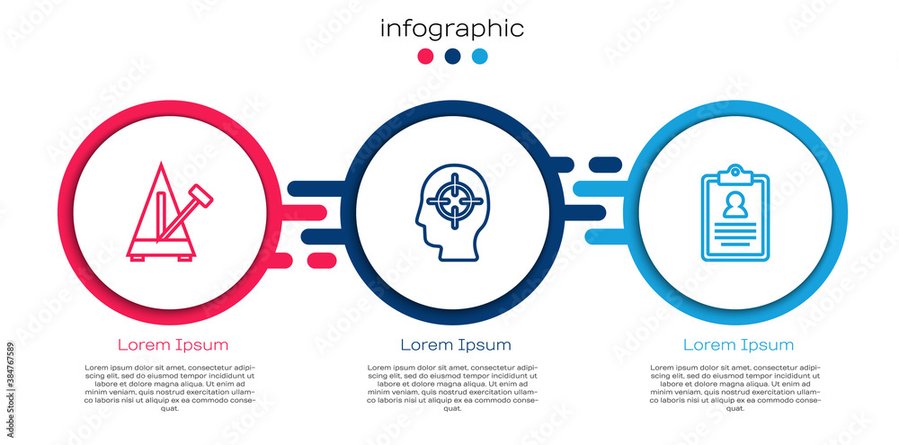 Set line Metronome with pendulum, Finding a problem and Medical clipboard. Business infographic temp