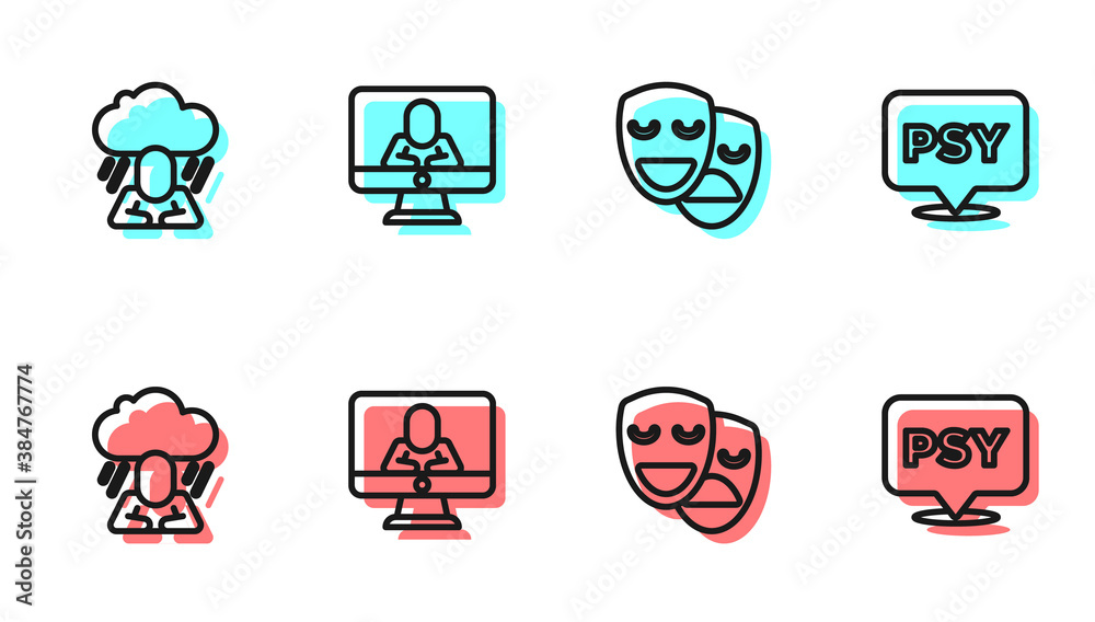 Set line Comedy and tragedy masks, Depression, Psychologist online and Psychology, Psi icon. Vector.