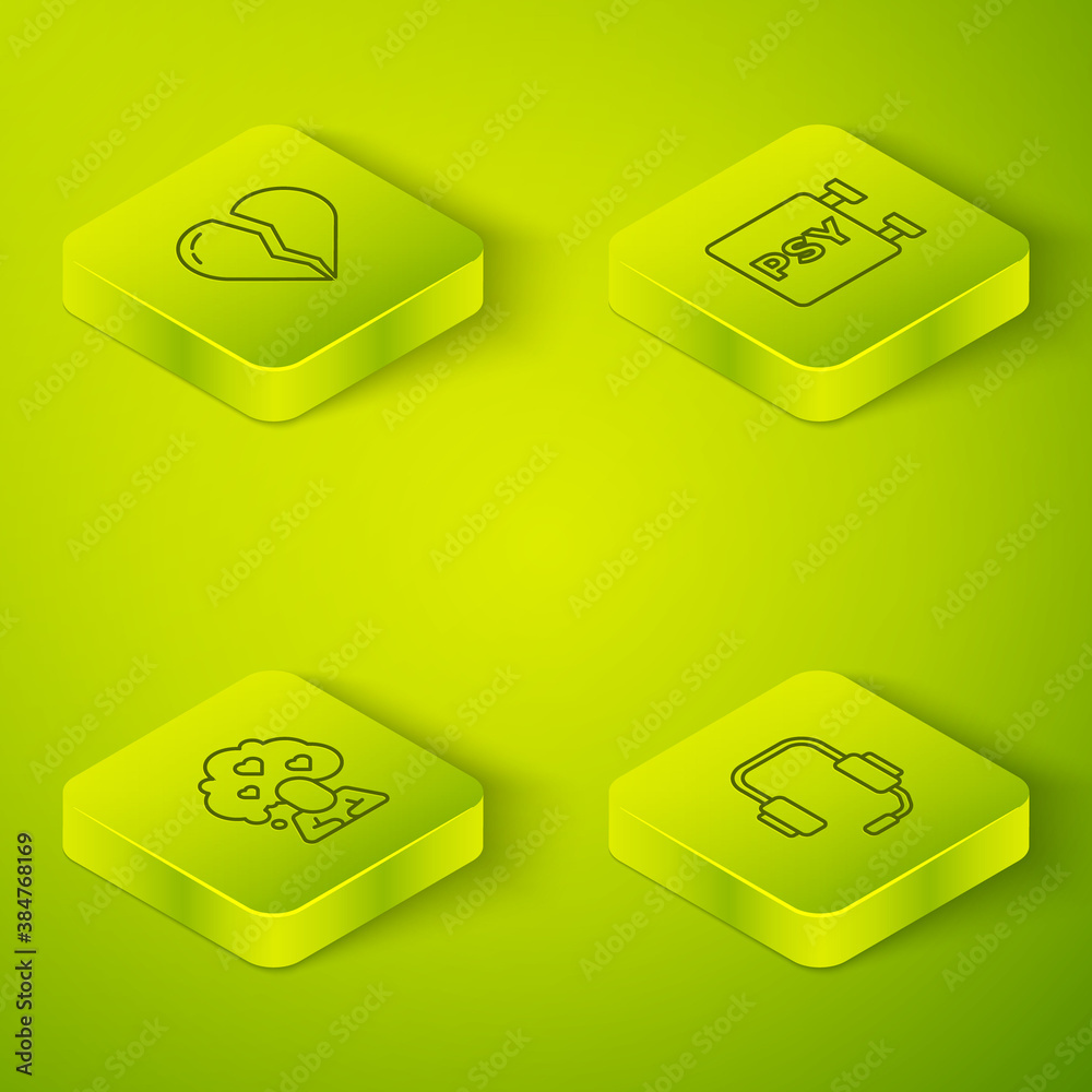 Set Isometric Psychology, Psi, Broken heart or divorce, Psychologist online and icon. Vector.