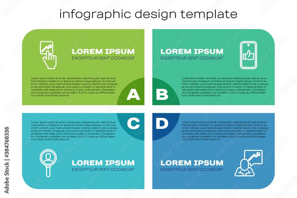 Set line Search a people, Team leader, and Hand like. Business infographic template. Vector.