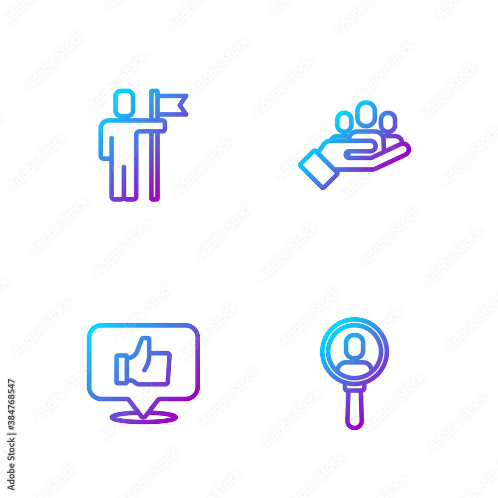 Set line Search a people, Hand like, Team leader and for search. Gradient color icons. Vector.