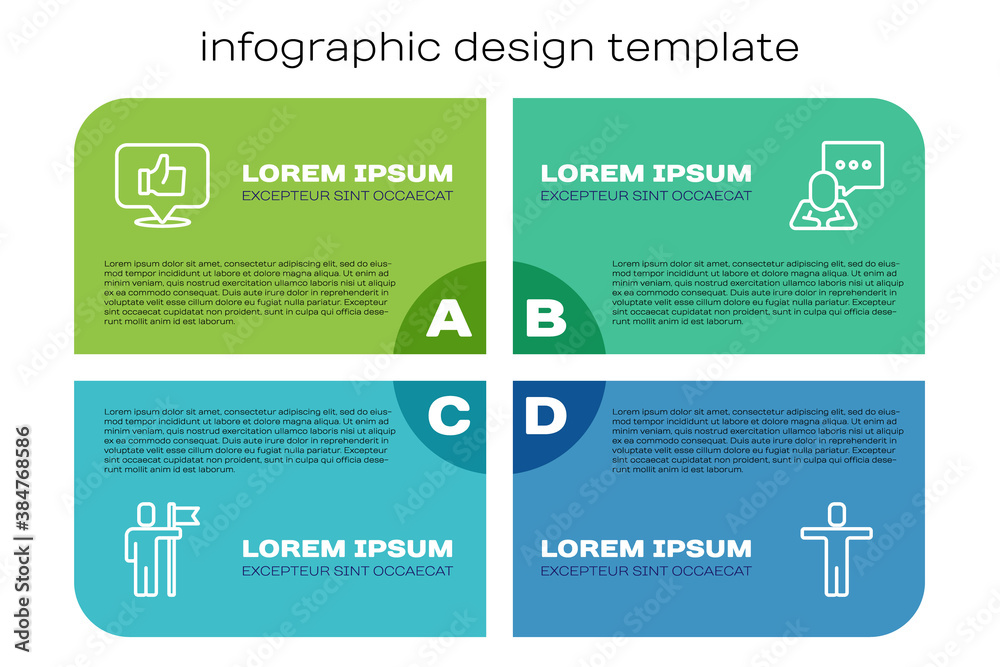 Set line Team leader, Hand like, Head hunting and Speech bubble chat. Business infographic template.