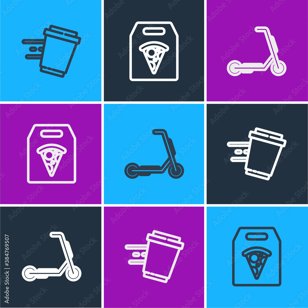 Set line Coffee cup to go, Scooter delivery and Online ordering pizza icon. Vector.