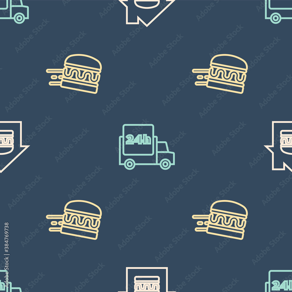 Set line Online ordering and delivery, burger and Fast by car on seamless pattern. Vector.