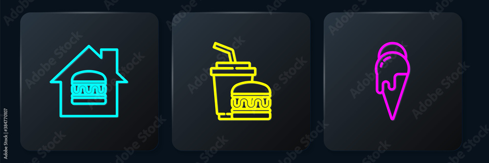 Set line Online ordering and delivery, Ice cream and Paper glass burger. Black square button. Vector