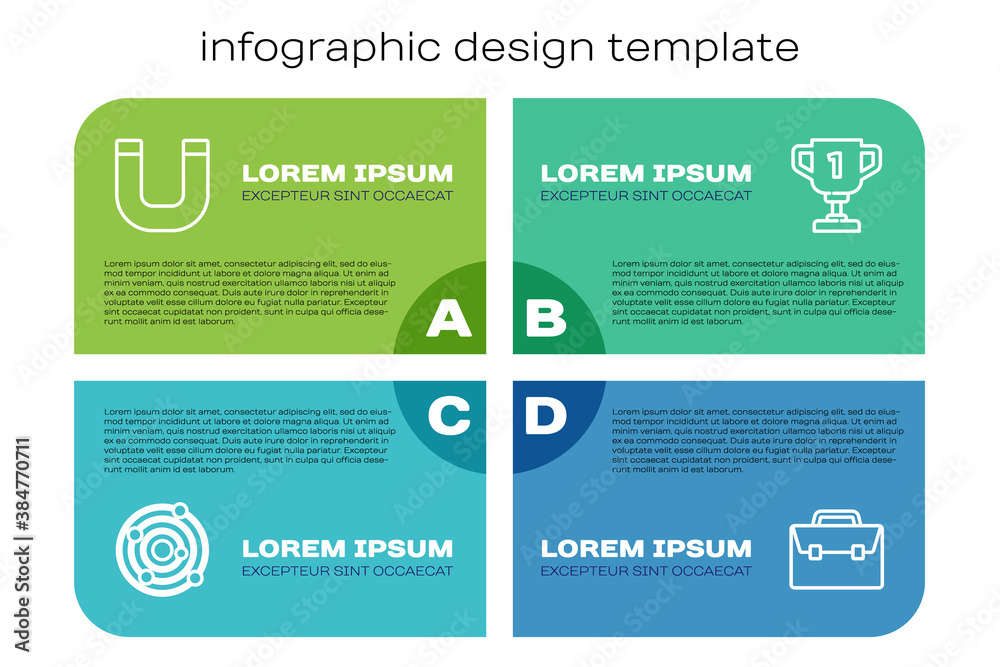 Set line Solar system, Magnet, Briefcase and Award cup. Business infographic template. Vector.