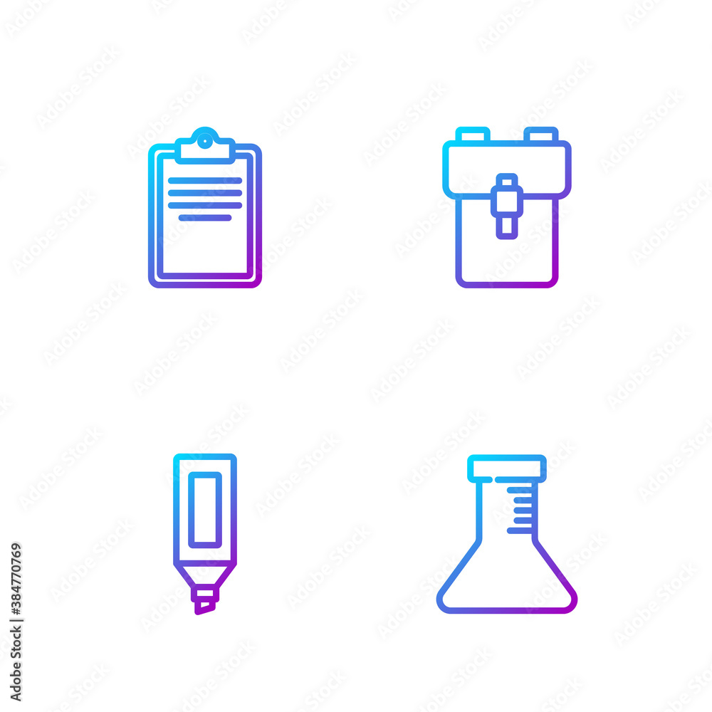 Set line Test tube and flask, Marker pen, Clipboard with checklist and School backpack. Gradient col