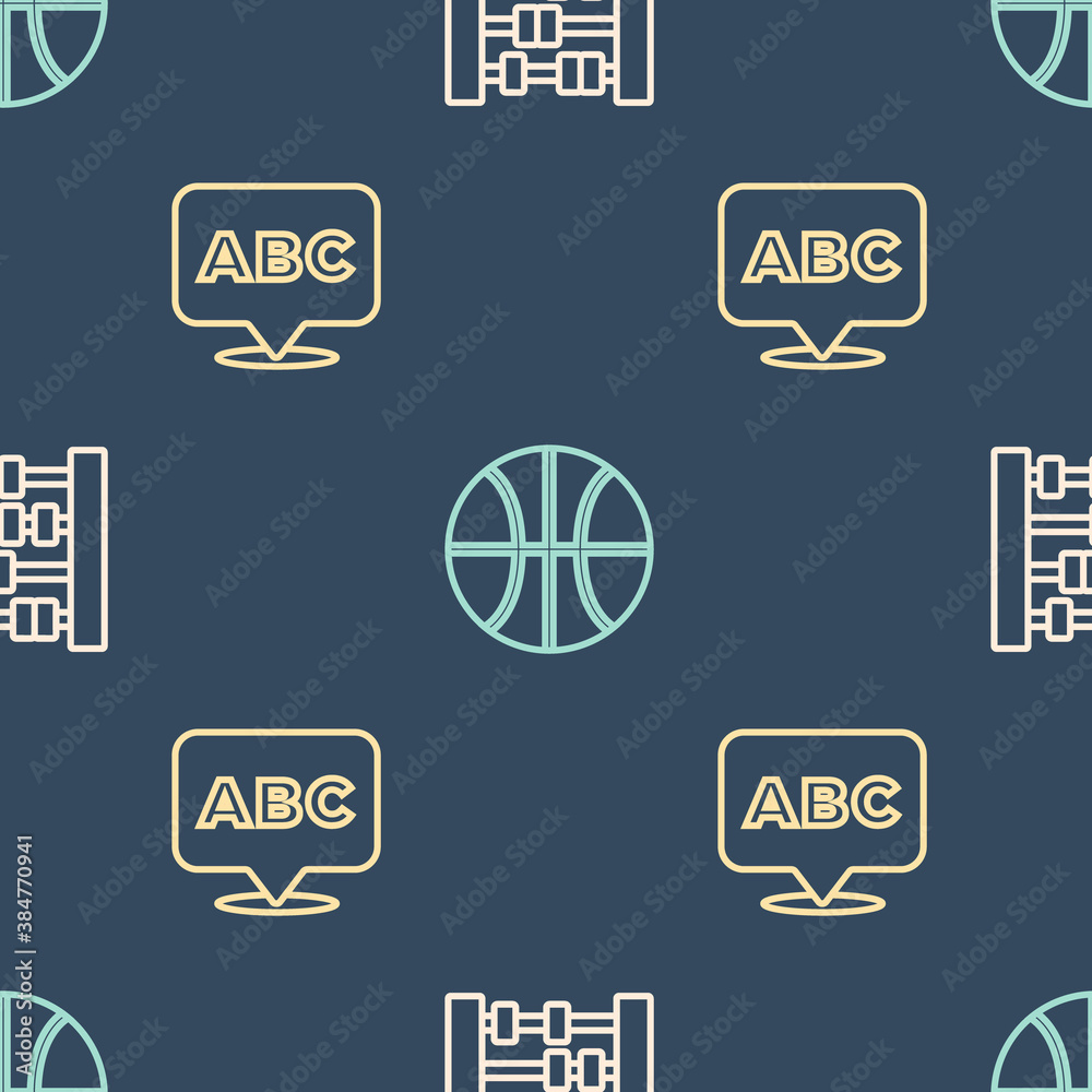 Set line Abacus, Alphabet and Basketball ball on seamless pattern. Vector.