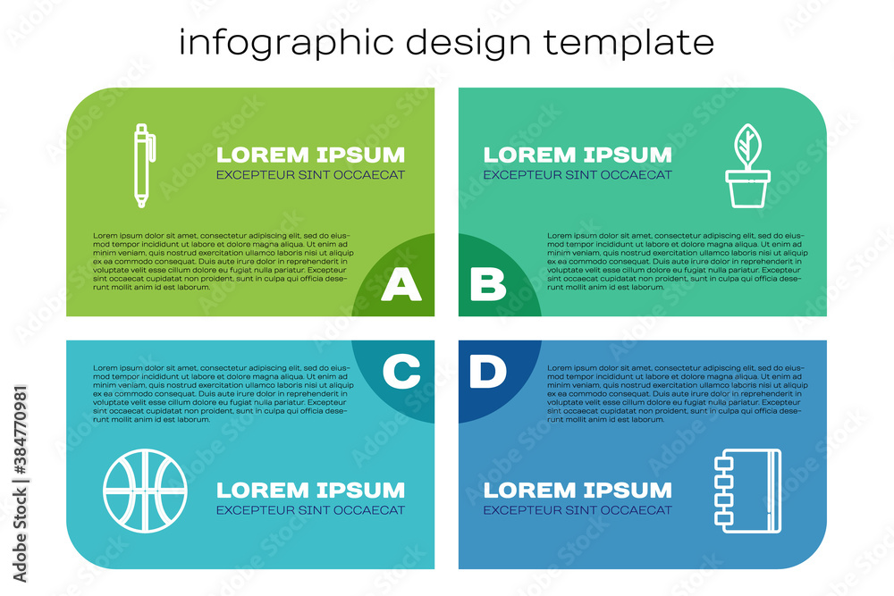 Set line Basketball ball, Pen, Spiral notebook and Plant in pot. Business infographic template. Vect