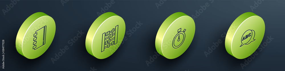 Set Isometric Spiral notebook, Abacus, Stopwatch and Alphabet icon. Vector.