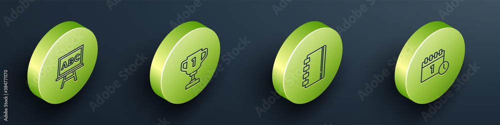 Set Isometric Chalkboard, Award cup, Spiral notebook and Calendar first september date icon. Vector.