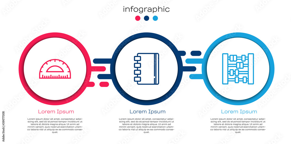 Set line Protractor，Spiral笔记本和算盘。商业信息图模板。Vector。