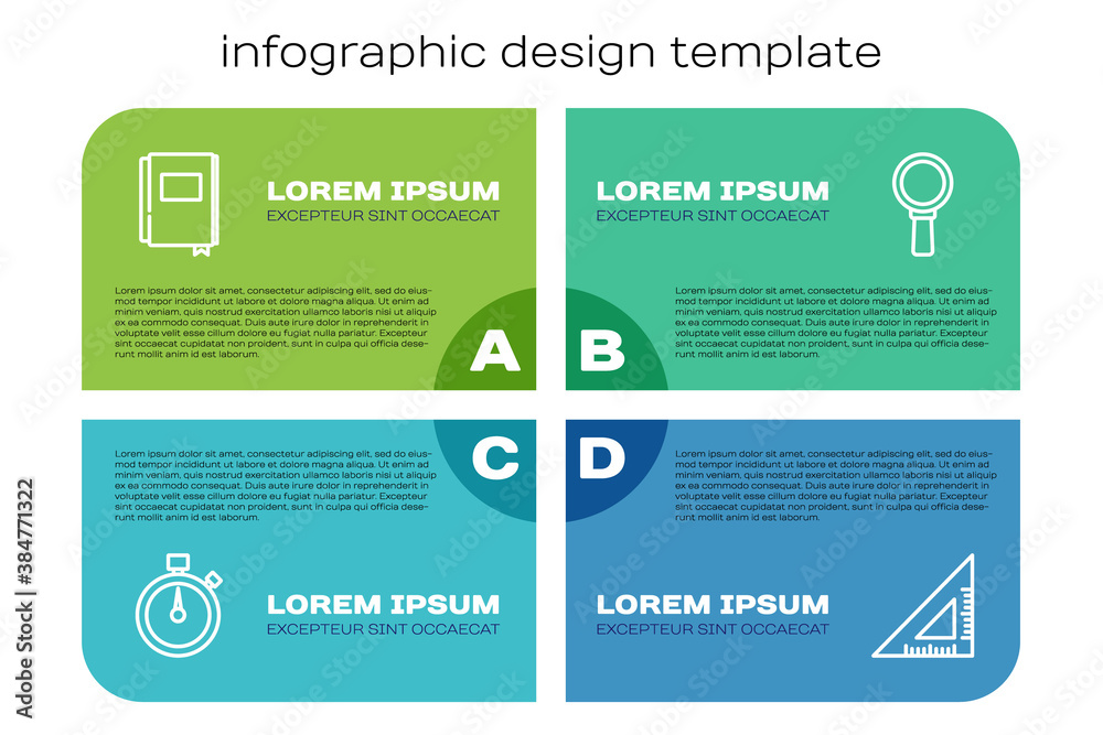 Set line秒表，Book，三角尺和放大镜。商业信息图模板。Vect