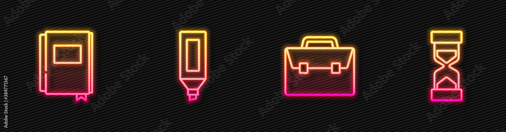 Set line Briefcase, Book, Marker pen and Old hourglass with sand. Glowing neon icon. Vector.