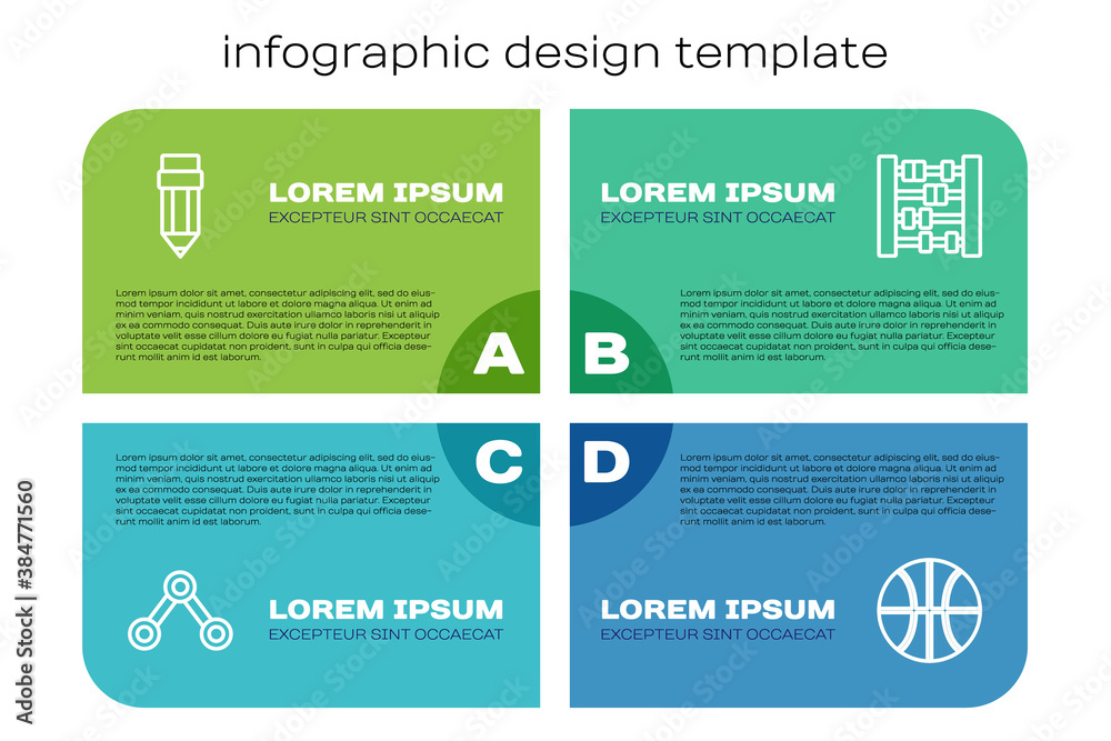 Set line Molecule，Pencil with橡皮擦，Basketball and Abacus。商业信息图模板.Ve