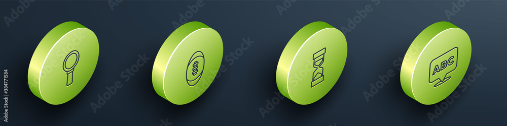 Set Isometric Magnifying glass, American Football ball, Old hourglass with sand and Alphabet icon. V