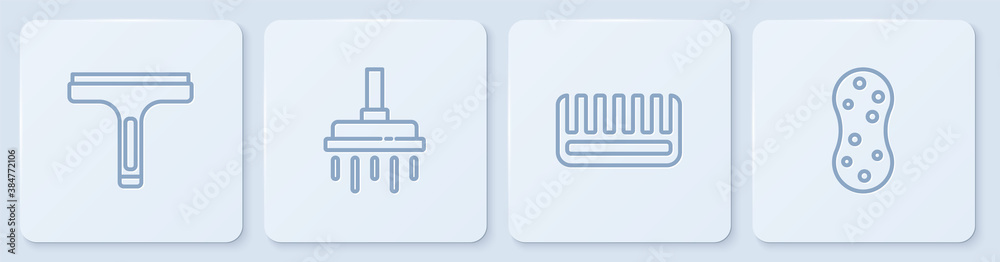 Set line Rubber cleaner, Hairbrush, Shower head and Sponge. White square button. Vector.