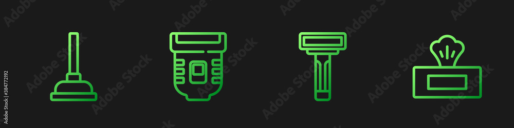 套装剃须刀，橡胶柱塞，脱毛器和湿巾包。渐变色图标。矢量。