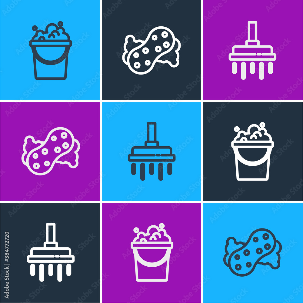 Set line Bucket with soap suds, Shower head and Sponge icon. Vector.