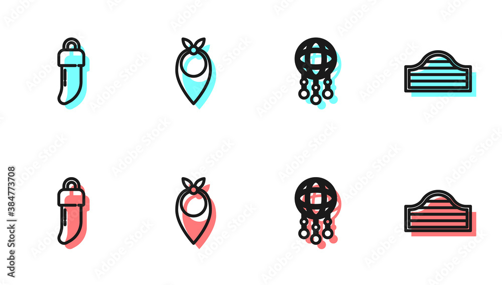 Set line Dream catcher with feathers, Tooth, Cowboy bandana and Saloon door icon. Vector.