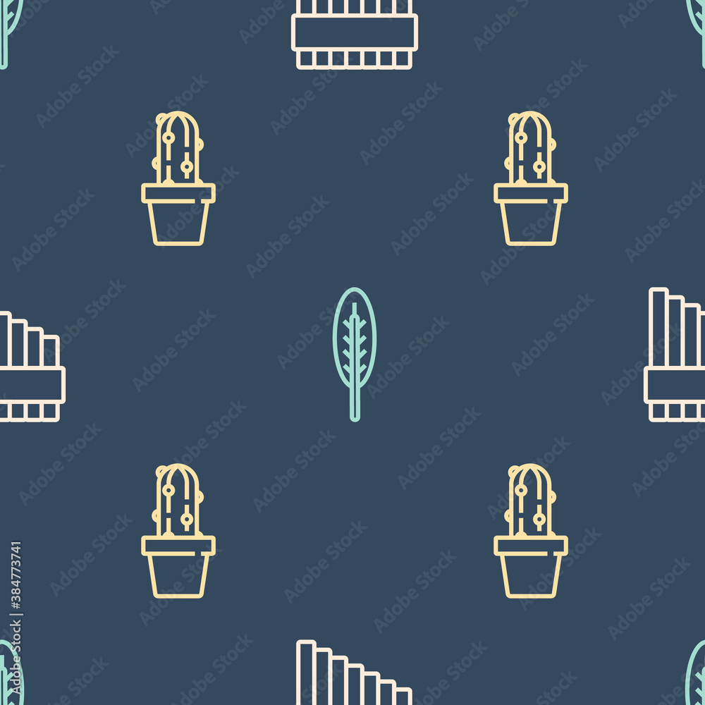 Set line Pan flute, Cactus peyote in pot and Indian feather on seamless pattern. Vector.