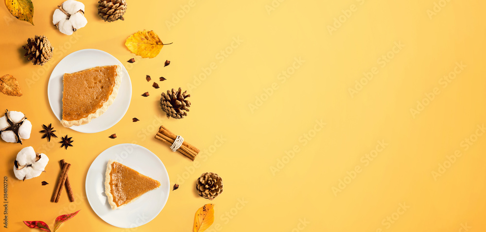 Autumn theme with pumpkin pies - overhead view