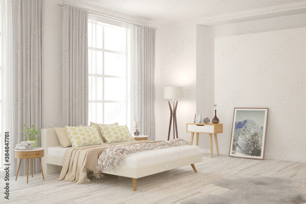 White bedroom interior. Scandinavian design. 3D illustration