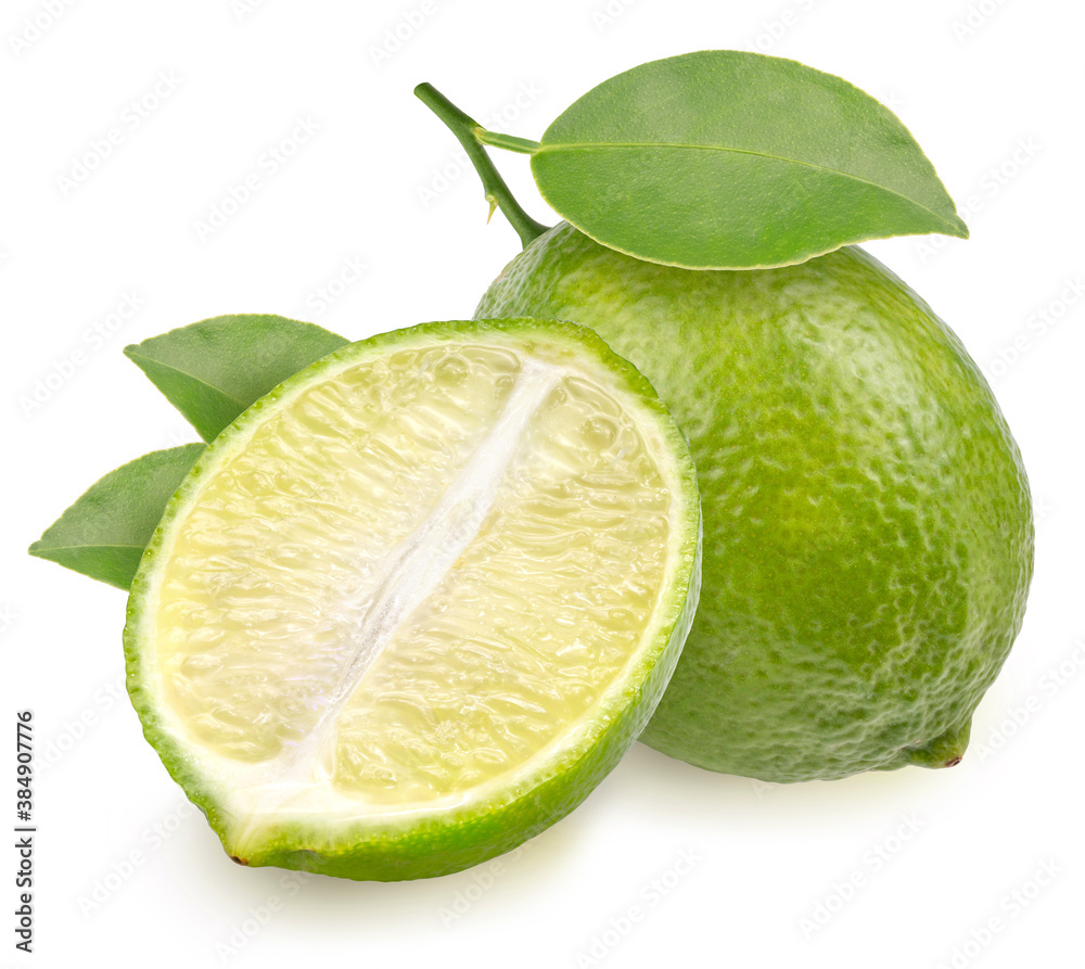 Citrus Lime with green leaf isolated on white background, Fresh lime and slice on white With clippin