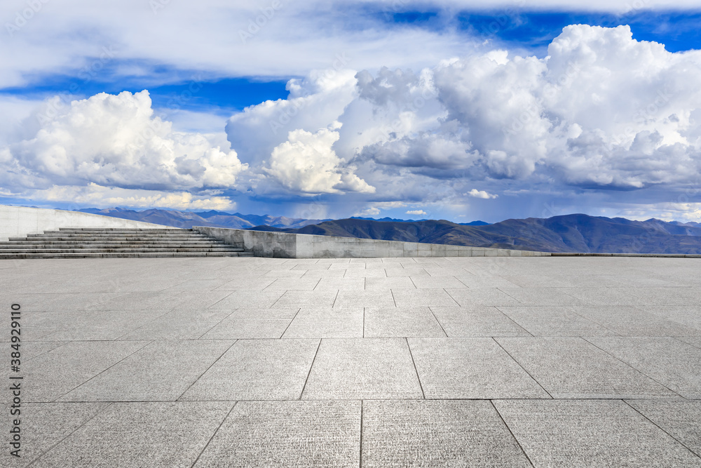 Empty square floor and mountain with sky clouds landscape.