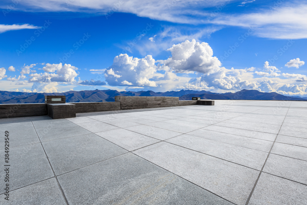 Empty square floor and mountain with sky clouds landscape.